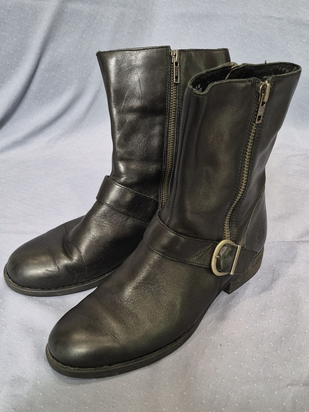 Born Boot Womens 9.5 Black Leather Harness Moto Low Heel Double Zip Tall Ankle